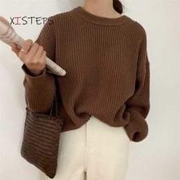 Oversized Loose Women Knitted Sweaters O-neck Long Sleeve Pullovers Vintage Ladies Jumpers Rose Green Knitwear Femme Pull 211011