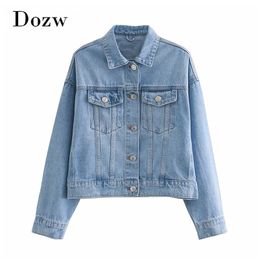 Fashion Blue Denim Jacket Women Streetwear Cotton Long Sleeve Pockets Coat Turn Down Collar Loose Casual Jeans Jackets 210515