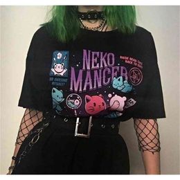 HAHAYULE YF Neko Mancer T-Shirt Unisex Cute Aesthetic Grunge Black Tee Satantic Gothic Clothing Witch Shirt 210406