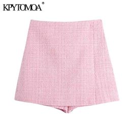 KPYTOMOA Women Chic Fashion Tweed Shorts Skirts Vintage High Waist Back Zipper Female Skort Mujer 210719