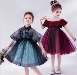 Velvet Girl Party Dress Kids Princess Shirt es for Girls Puff Sleeve Perform Ballroom Clothes 1-12T E2073 210610