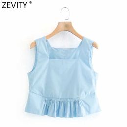 Zevity Women Square Collar Solid Colour Hem Pleat Ruffles Short Smock Blouse Female Sleeveless Shirt Chic Blusas Tops LS9027 210603