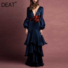 [DEAT] Summer Fashion V-neck High Waist Floor-length Bow Long Sleeve Solid Color Loose Elegant Dress Women 13C951 210527