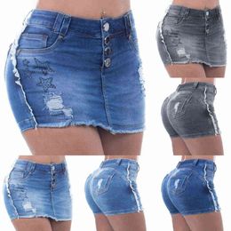 Jean Shorts Women Summer Denim Skirt High Waist Skinny Ripped Washed Jeans Fashion Button Design Streetwear Plus Size 211129
