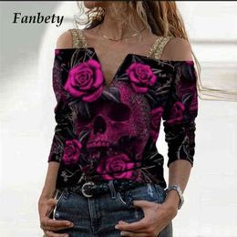 2021 New Vintage Print Long Sleeve T-Shirts Women Sexy Sling V-Neck Off Shoulder Tops Elegant Rose Pattern Tee Shirt Streetwear X0628