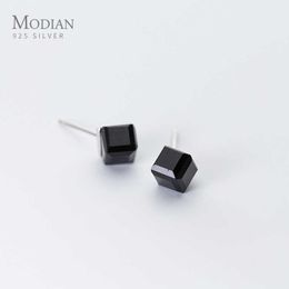 Geometric Square Black Crystal Stud Earrings for Women Girl Fashion Ear Studs Real 925 Sterling Silver Fine Jewelry 210707
