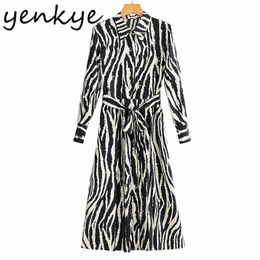 Spring Women Vintage Zebra Striped Long Shirt Dress Female Sleeve Lapel Collar Sashes Casual A-line Vestido 210514