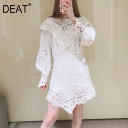 DEAT Women White Patchwork Lace High Waist Dress New Round Neck Long Puff Sleeve Slim Fit Fashion Tide Summer 7E0190 210428