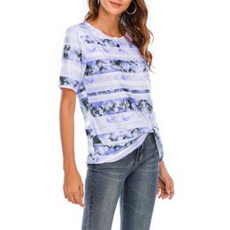 Summer Women Stripe Tie-dye Print Knotted T Shirt Female Casual Loose O Neck Streetwear Tops Ladies T-shirt 210608