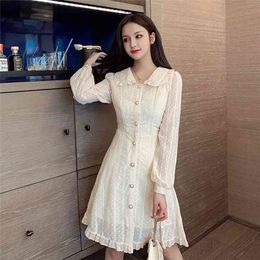 Spring Autumn Women's Dress Korean Style The Lotus Leaf Collar Solid Color Lace Slim Long Sleeve Short es QX914 210507