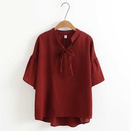 PERHAPS U Women Chiffon Bow Collar Flare Sleeve 3/4 Sleeve Wine Red Pink Solid Top Blouse Summer B0305 210529