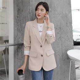 Peonfly Autumn Fashion Blazer Jacket Women Casual Korean Pockets Long Sleeve Coat Office Ladies Solid Loose Blazer 211112