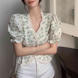 Floral Shirt Blouse Female Design Sense Niche Short Lace Sleeve Summer French Retro Top 210529