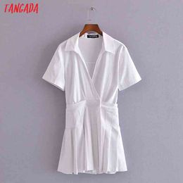 Summer Women French Style White Pleated Shirt Short Sleeve Ladies Mini Dress Vestidos 3H245 210416
