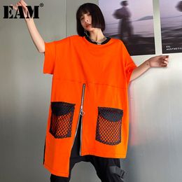 [EAM] Women Orange Pocket Zipper Irregular Big Size Long T-shirt Round Neck Half Sleeve Fashion Spring Summer 1DD6283 21512