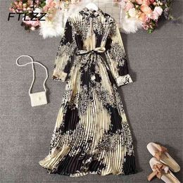 Women Vintage Pleated Dress Spring Auutmn Long Sleeve Leopard Print Midi Dresses Woman with Belt Bandage Robe Vestidos 210525