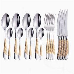 Gold Cutlery Set 16 Piece Gold Cutlery Spoon Tableware Forks Knives Spoons Stainless Steel Dinnerware Set Silverware Kitchen 211112