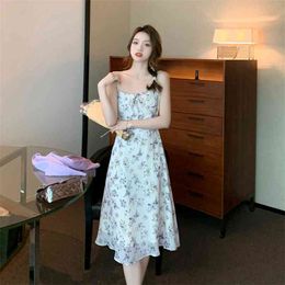 Floral elegant dress female sweet chiffon sexy suspender long skirt summer and Korean fashion women's clothing 210520
