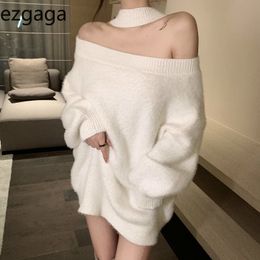 Ezgaga Elegant Sweater Pullover Women Fashion Autumn Winter Halter V-Neck Off Shoulder Loose Outwear Solid Jumper Sexy Tops 210430