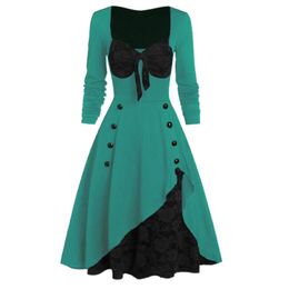 green tunic dresses UK - Casual Dresses Gothic Dress Women French Vintage Long Sleeve Lace Black Party For Bowknot Wine Red Green Tunic