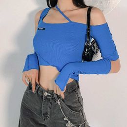 Sexy Autumn Summer Top Irregular Long Sleeve Strapless T-shirt Blue Hollow Out Comfortable Clothe Asia E7MB 210603