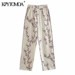 KPYTOMOA Women Chic Fashion With Piping Floral Print Pants Vintage High Elastic Waist Side Pockets Female Trousers Mujer 210915