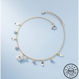 925 Sterling Silver Flower Shape Shell Bracelet Statement Gold Colour Chain Charm Zircon Bead Bracelets Jewellery for Women
