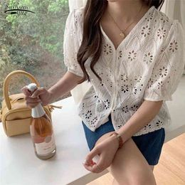 Women's Summer Fairy White Blouse Hollow Embroidery V-neck Buckle Small Sweet Short-sleeved Shirt Blusas Mujer 14243 210521