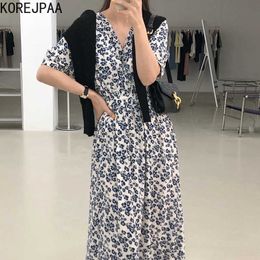 Korejpaa Women Dress Summer Korean Chic Girls Lazy Style Slim V-Neck Cross High Waist Puff Sleeve Full Screen Daisy Vestido 210526