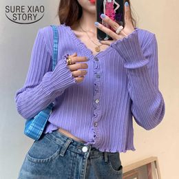 V-neck Knitted Cardigan Women Casual Ruched Short Sweaters Thin Summer Cardigan Female Outwear Long Sleeve Loose Clothes 11752 210527