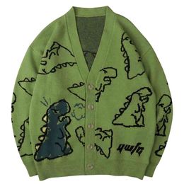 Hip Hop Mens Knitted Sweater Doodle Dinosaur Pattern Harajuku Oversize Streetwear Loose Cardigan Pullover Men Women Coat 210809
