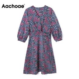 Women Elegant A Line Printed Mini Dresses V Neck Bow Knot Chic Party Three Quarter Sleeve Vintage Dress Robe 210413