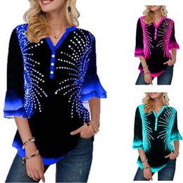 Plus Size 5xl Casual Single-breasted Printing Blue V-neck Flared Sleeve Tops Female T-Shirt Loose Ladies Tee Shirt Summer 210517