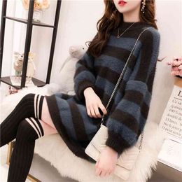 Autumn And Winter Imitation Velvet Thick Warm Striped Sweater Women's Head Collage Style Bottoming Shirt 210427