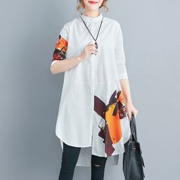 Oversized Women Casual Long Shirts New Summer Korean Simple Style Vintage Print Loose Female Cotton Linen Tops S2889 210412