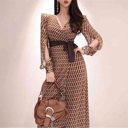 Maxi Dress wrap Korean ladies Sexy plaid half Sleeve Loose Long party dresses for women clothing 210602