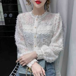 Chic Fashion French Retro Women Blousas Autumn Spring Lace Patchwork Puff Sleeve Chiffon Shirts Mujer Stand Collar Blouses 210514