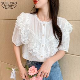 Summer Women's Short Sleeve Blouse Round Neck Solid Colour Shirt Lace Joker Embroidered Blusas 13808 210508