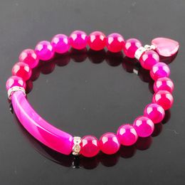 WOJIAER Natural Stone Beads Plum Agate Strand Bracelets & Bangles Heart Shape Charm Fitting Women Jewellery Love Gifts K3318