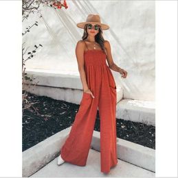 Summer Strap Jumpsuit Women Backless Long Pants Solid Colour Wide Leg Trouser with Pockets Ladies Ruffled Long Jumpsuits Q0801