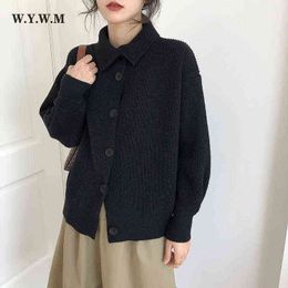 WYWM Coarse Yarn Striped Knitted Cardigans Women Elegant Vintage Lazy Oaf Sweater Coat Turtleneck Long Sleeve Female Jumpers 211117