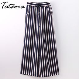 TATARIA Colour Stripe Pants Ladies Summer Mid Waist Loose Wide Leg Female Causal Elegant Woman Trousers With Stripes Pant 210514
