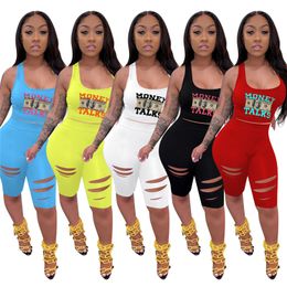 Women summer clothes plus size S-3XL ripped tracksuits jogger suits sleeveless shirt vest+shorts two piece set solid outfits casual money print sportswear 4901