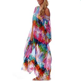 Bsubseach Feather Printed Bikini Cover Up Loose Belted Boho Long Dress Summer Beachwear Women Sexy Chiffon Robe De Plage XF351 Sarongs