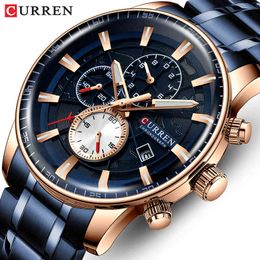 Mens Watch Curren Top Luxury Brand Fashion Waterproof Chronograph Quartz Wristwatch Stainless Steel Sports Clock Watches 210517