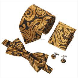 2022 ensemble de cravate de créateur Cravate Cravate Set Cadre Accessoires de mode Luxury Mens Designer Gold Paisley Bowtie Soie Tissée avec poignets de mouchoir Robe de mariée LH-712 D-988