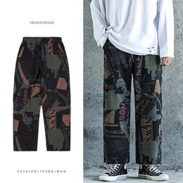 Мужские джинсы осень / зимний стиль японских американских напечатанных вязаные свободные прямые заусены ретро утяжными юбками