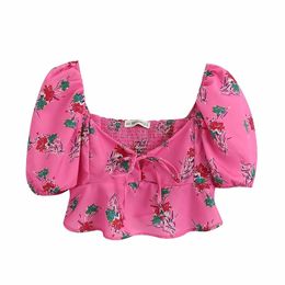 Women Fashion Floral Print Cropped Blouses Vintage Tied V Neck Puff Sleeve Tops Chic Shirts Blusas Mujer 210520