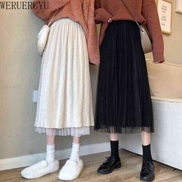 WERUERUYU High Waist Women Skirt Fashion Spring Autumn And Winter Ladies Mesh Long Skirt Elegant A Line Girls Korean 210608