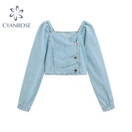 Vintage Stylish Short Style Pleated Denim Blouses Women Fashion Long Sleeve Casual sexy ladies Shirts Chic Crop Tops 210417